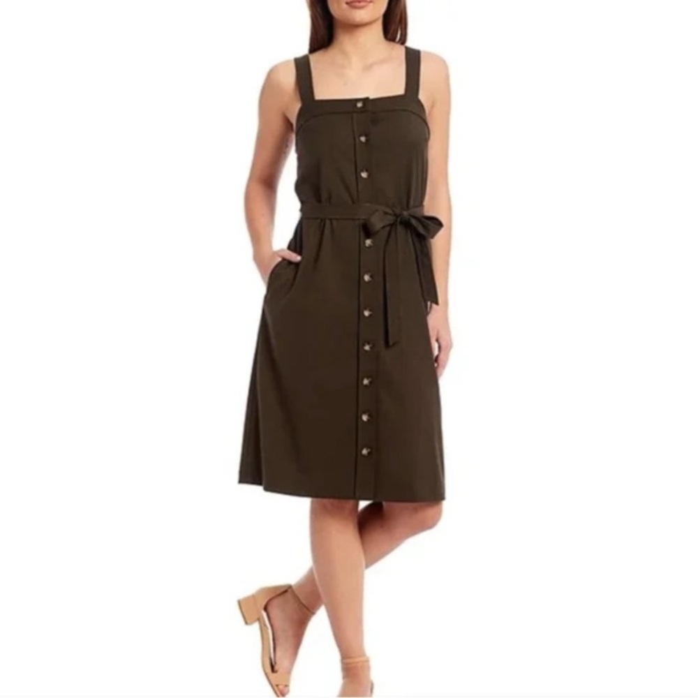 Alex Marie Navy Green Button-Down Front Tie Dress